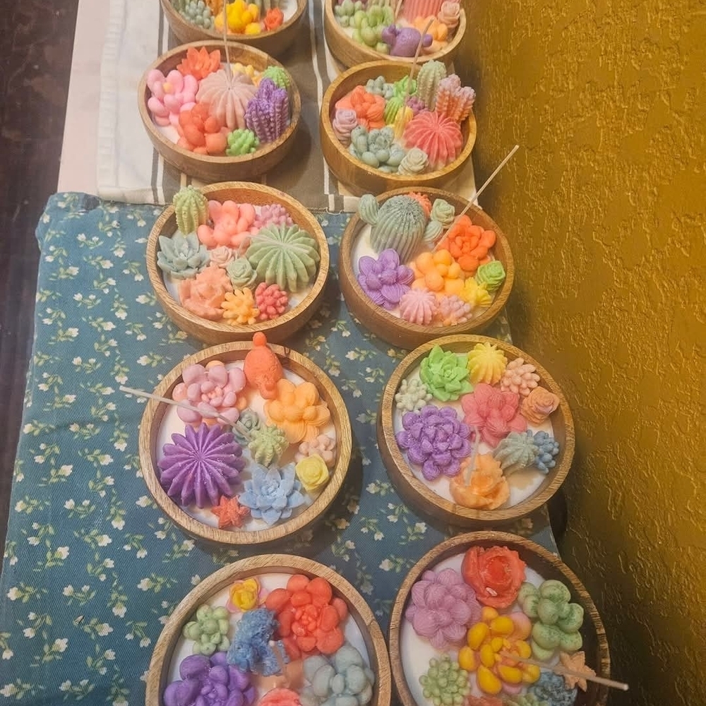 Colorful Hand Poured Succulent Candle  in Wooden Dough Bowls - Picture 2 of 2